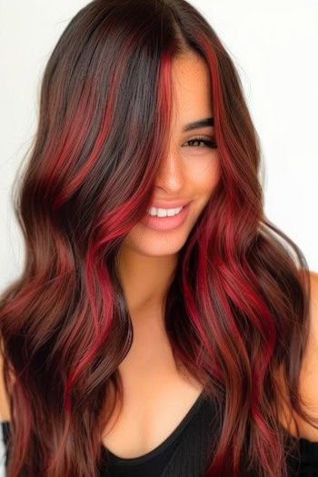 Castaño oscuro con reflejos rojos Balayage Idea de color de pelo.