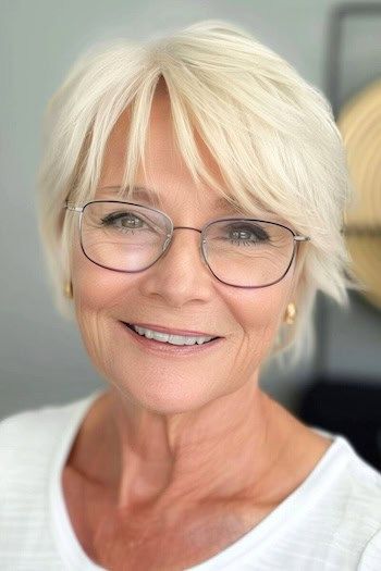 Pixie recto con flequillo a un lado para mujeres de más de 70 años con gafas.