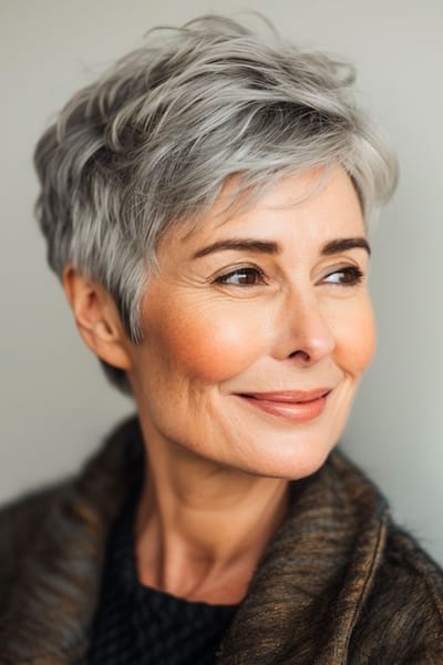 Peinado Pixie con textura de plumas para mujeres de más de 60 años con cabello fino.
