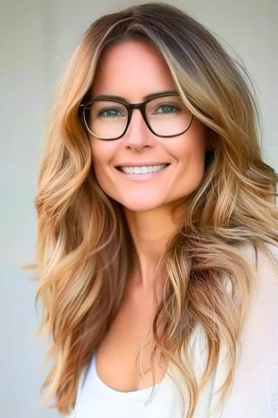 Peinado con ondas largas y voluminosas para mujeres de más de 40 años con gafas.
