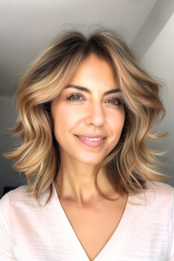 Peinado ondulado a capas con mechas para mujeres de más de 50 años con cabello fino.