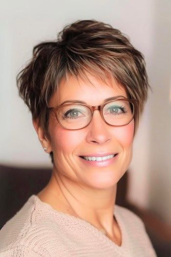 Wispy Highlighted Pixie Peinado Corto Para Mujeres Mayores De 50 Con Gafas.