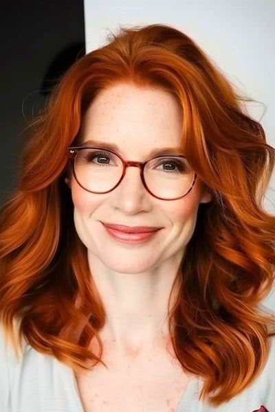 Peinado Auburn con ondas hasta los hombros para mujeres de más de 40 años con gafas.