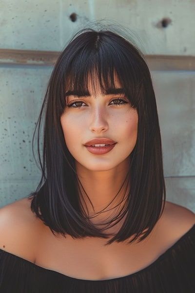 Blunt Lob with Bangs Peinado de media melena con flequillo.