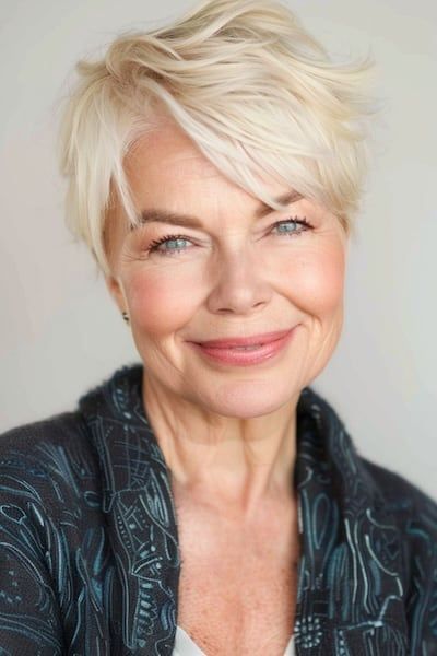 Butter blonde peinado pixie con plumas para mujeres de más de 70 años.