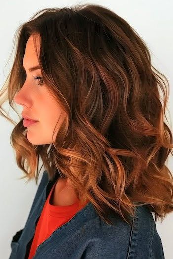 Castaño Chocolate con Cobre Balayage Hair Color Idea.