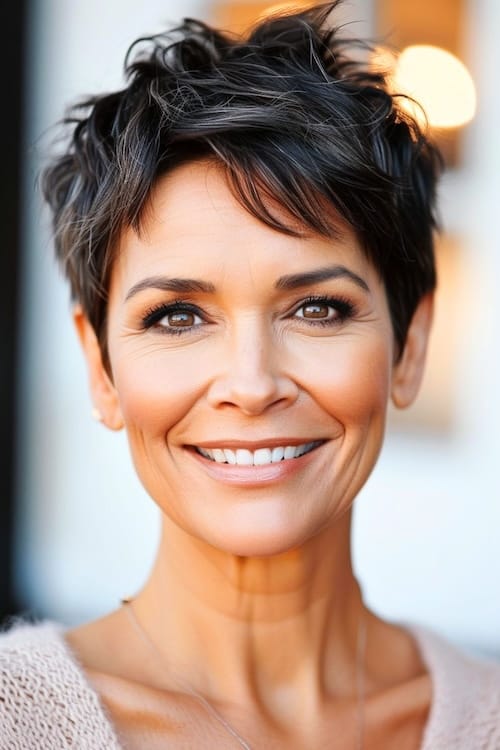 Clásico peinado pixie corto texturizado para mujeres de más de 50 años.