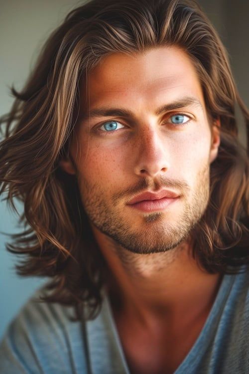 Capas de pelo largo que enmarcan la cara en un hombre atractivo de ojos azules.
