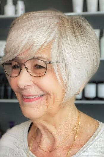Peinado Pixie Bob para mujeres de más de 70 años con gafas.