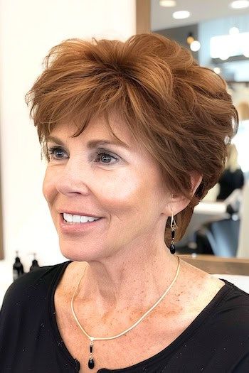 Peinado Pixie a capas para mujeres de más de 50 años con pelo fino.