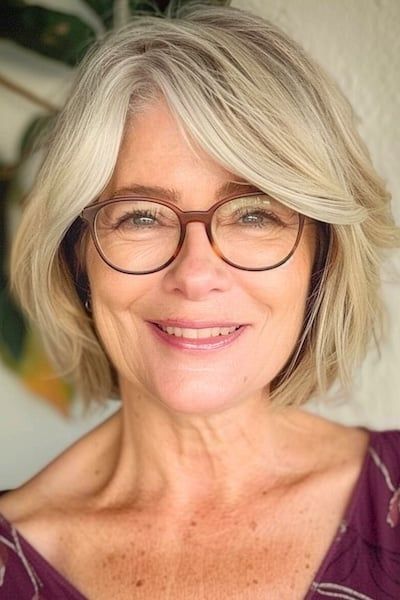 Peinado Bob a capas hasta la barbilla para mujeres de más de 40 años con gafas.