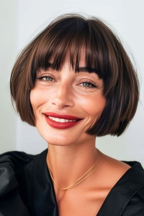 Corte de pelo corto bob francés en una hermosa mujer de unos 50 años con el pelo castaño y pintalabios rojo.