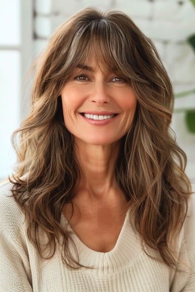 Ondas largas en capas con flequillo Peinado para mujeres mayores de 50 años con el pelo grueso.