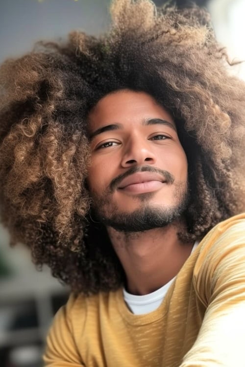 Afro natural largo en hombre negro guapo que lleva camisa amarilla.
