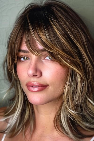 Mechas con flequillo a un lado Peinado de media melena con flequillo.