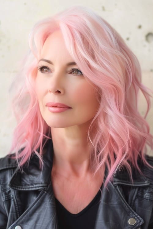 Peinado de media melena con ondas platino rosa pastel para mujeres de más de 40 años.