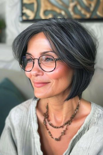 Peinado Bob Cónico Corto Para Mujeres Mayores De 50 Con Gafas.
