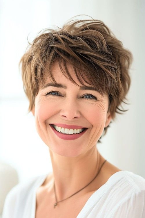Peinado pixie corto con textura para mujeres de más de 50 años.