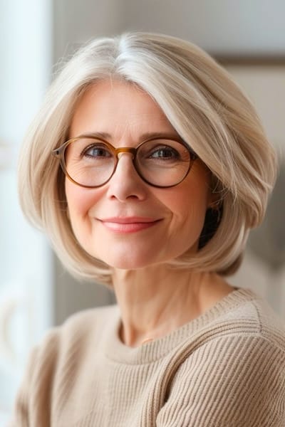 Peinado Bob redondeado para mujeres de más de 50 años con gafas.