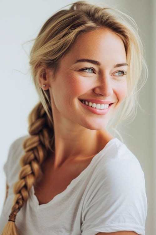 Trenza de lado en hermosa mujer sonriente de 40 años con el pelo rubio.