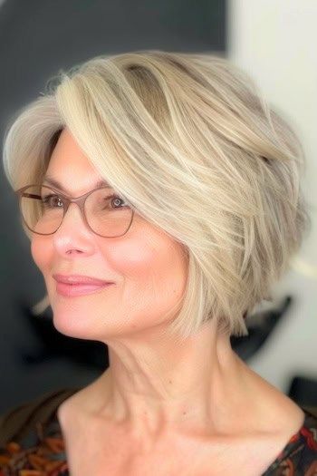 Peinado corto Bob con raya al lado para mujeres de más de 50 años con gafas.