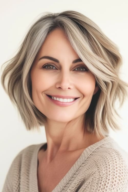 Bob texturizado con mechas en mujer mayor sonriente.