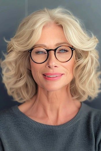 Peinado con capas onduladas y flequillo cortina para mujeres de más de 70 años con gafas.