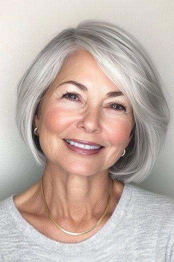 Peinado Bob con flequillo hacia un lado en una mujer sonriente de unos 70 años con el pelo gris.