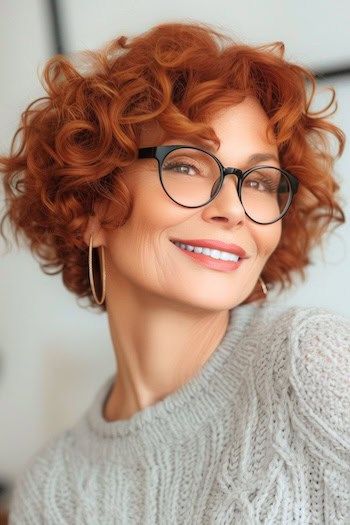 Rizos Cobre Peinado Corto Para Mujeres Mayores De 50 Con Gafas.