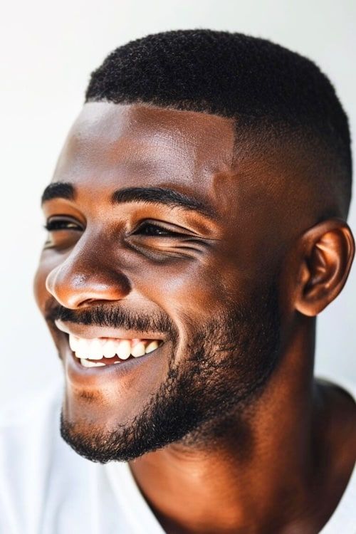 Corte de pelo corto moderno en un hombre negro sonriente.