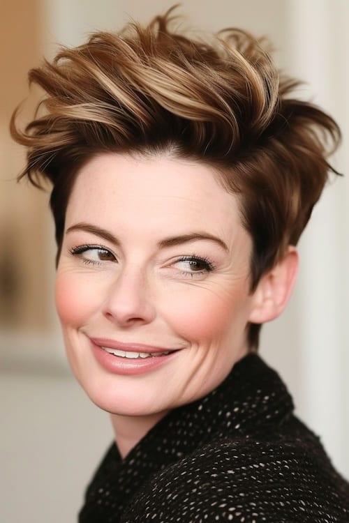 Quiff pixie con volumen peinado corto para mujeres mayores de 50 años.