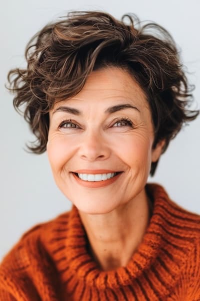Corte de pelo Pixie ondulado con textura voluminosa para mujeres de más de 60 años.
