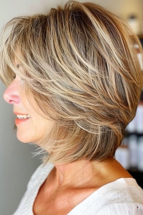 Bob a capas con mechas peinado medio largo para mujeres de más de 60 años.