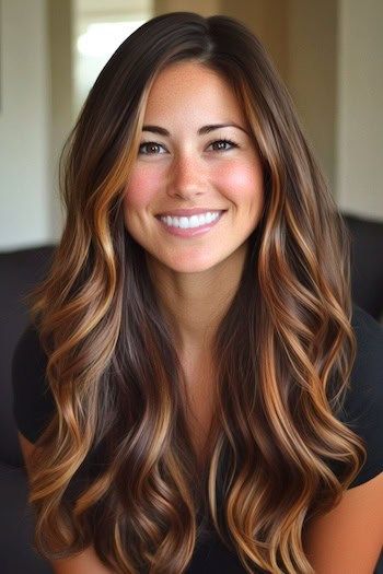 Color de pelo Rich Deep Coffee Brown with Caramel Swirl Balayage en una mujer sonriente con el pelo castaño oscuro y balayage destaca el pelo largo.