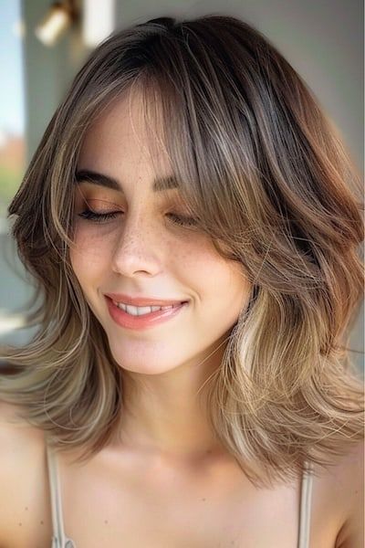 Ombre hasta los hombros con flequillo cortina Peinado de media melena con flequillo.