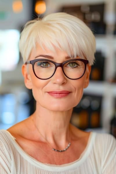 Peinado Pixie recortado con textura para mujeres de más de 50 años con gafas.