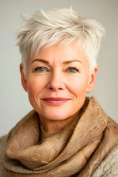 Corte de pelo Pixie plateado despeinado para mujeres de más de 60 años.