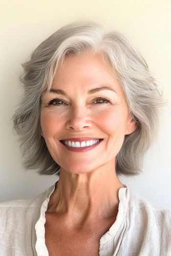 Peinado de capas recortadas para cabello fino en una mujer sonriente de unos 70 años con canas.