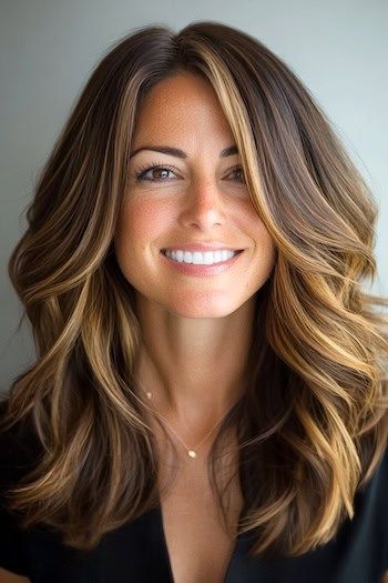 Color de pelo castaño chocolate oscuro con balayage caramelo en una mujer sonriente con el pelo castaño oscuro y reflejos balayage.
