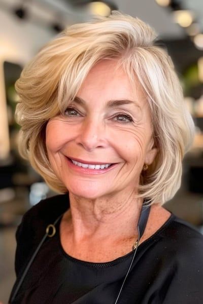 Feathered Bob con flequillo lateral peinado para las mujeres mayores.