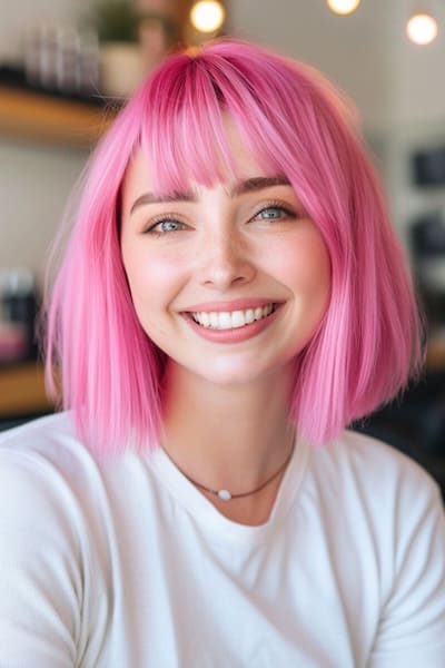 Vivid Pink Bob Peinado de media longitud con flequillo.