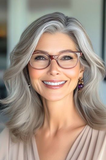 Peinado a capas hasta los hombros en una mujer sonriente de unos 50 años con el pelo gris y gafas.