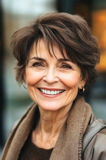 Peinado Pixie de lado en una mujer sonriente de unos 70 años con el pelo castaño.