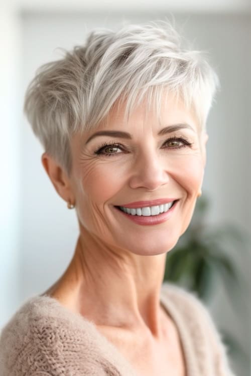 Peinado pixie hacia delante en una mujer sonriente de unos 60 años.