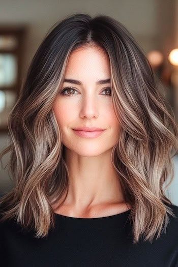 Espresso Brown with Ash Brown Balayage Hair Color en una mujer con el pelo castaño oscuro y reflejos balayage.