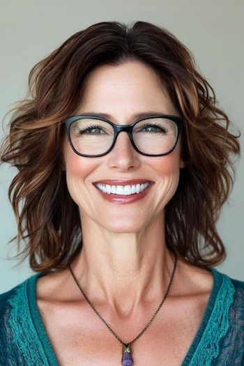Piecey Layered Shoulder-Length Cut Hairstyle en una mujer sonriente de unos 50 años con el pelo castaño y gafas.