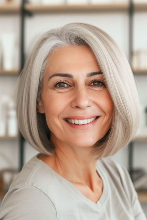 Elegante peinado bob hasta la barbilla en una mujer mayor sonriente.