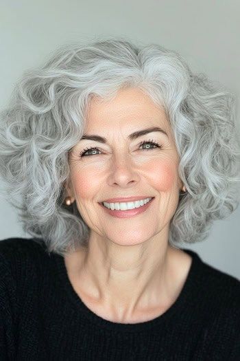 Peinado de rizos voluminosos recortados en una mujer sonriente de unos 70 años con el pelo canoso.