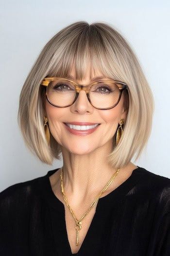 Peinado Bob clásico con flequillo en una mujer sonriente de unos 50 años con pelo rubio y gafas.