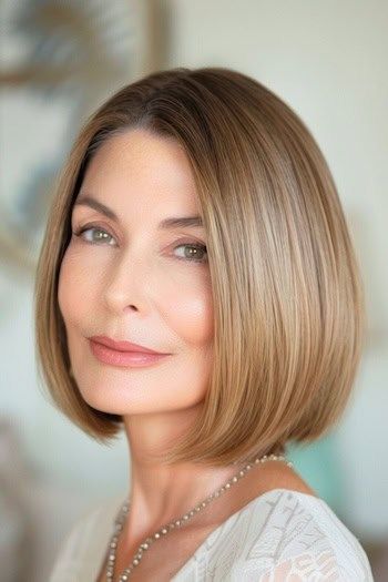 Peinado Bob liso clásico en mujer mayor sonriente con pelo castaño.